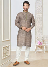 Contrasting indian aspiring Printed khakhi on  jacquard silk Mens kurta for wedding and other occasion comes with pajama
